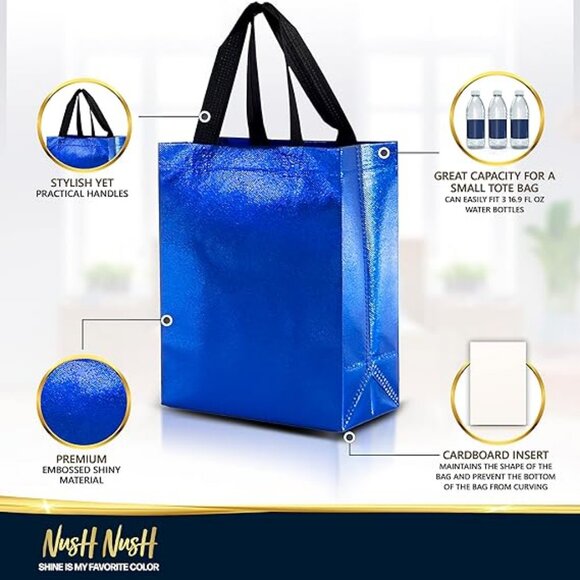 Blue Gift Bags Medium Size – Set of 12 Shiny Blue Reusable Gift Bags With Handle - Picture 3 of 5